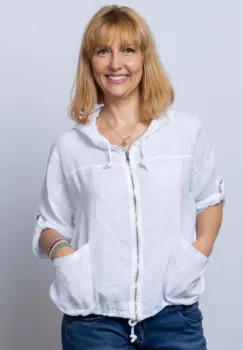 Hanorac alb din in cu fermoar metalic si gluga imagine