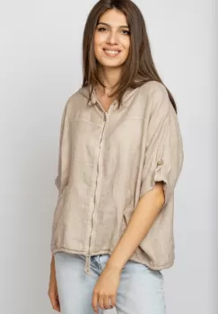 Hanorac bej din in cu fermoar metalic si gluga imagine