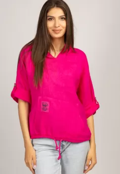 Hanorac fucsia din in cu buzunar marsupiu si gluga imagine