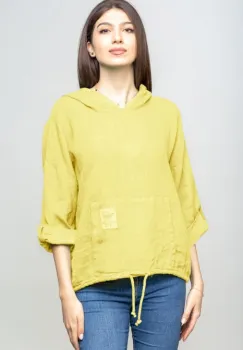 Hanorac galben deschis din in cu buzunar marsupiu si gluga imagine