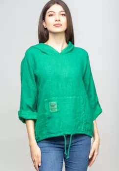 Hanorac verde din in cu buzunar marsupiu si gluga imagine