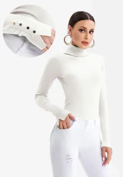 Helanca pulover cu guler inalt si nasturei pe maneca, alba imagine