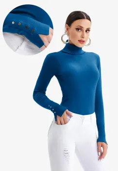 Helanca pulover cu guler inalt si nasturei pe maneca, albastra imagine