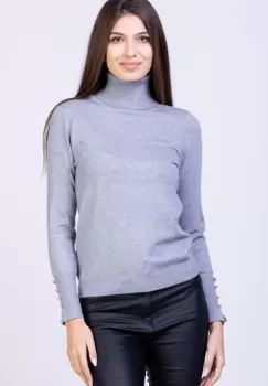 Helanca pulover cu guler inalt si nasturei pe maneca, cu cashmere, gri imagine