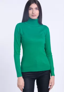 Helanca pulover cu guler inalt si nasturei pe maneca, cu cashmere, verde smarald imagine