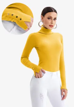 Helanca pulover cu guler inalt si nasturei pe maneca, galbena imagine