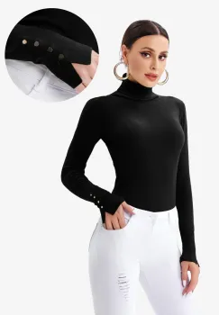 Helanca pulover cu guler inalt si nasturei pe maneca, neagra imagine