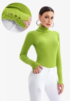 Helanca pulover cu guler inalt si nasturei pe maneca, verde oliv imagine