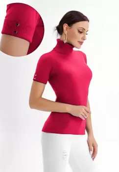 Helanca pulover cu maneca scurta, nasturei metalici si guler inalt, fucsia imagine