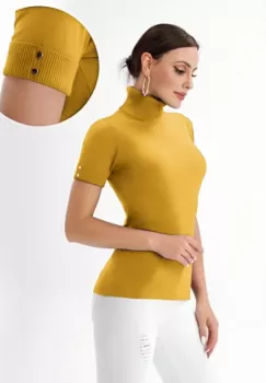 Helanca pulover cu maneca scurta, nasturei metalici si guler inalt, mustar imagine