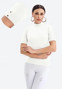 Helanca pulover cu maneca scurta, nasturei metalici si guler scurt, alba imagine