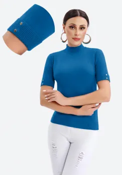 Helanca pulover cu maneca scurta, nasturei metalici si guler scurt, albastra imagine