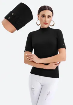 Helanca pulover cu maneca scurta, nasturei metalici si guler scurt, imagine