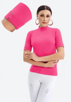 Helanca pulover cu maneca scurta, nasturei metalici si guler scurt, fucsia imagine