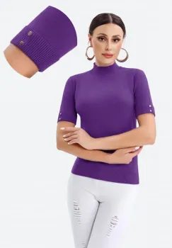 Helanca pulover cu maneca scurta, nasturei metalici si guler scurt, mov imagine