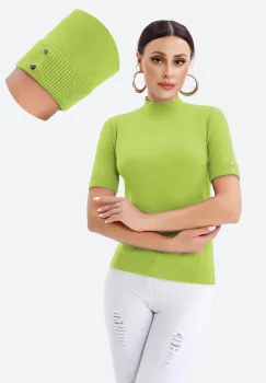 Helanca pulover cu maneca scurta, nasturei metalici si guler scurt, verde oliv imagine