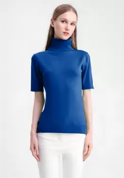 Helanca pulover cu maneca scurta si guler inalt, albastra imagine