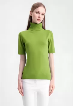 Helanca pulover cu maneca scurta si guler inalt, verde olive imagine