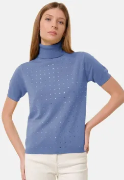 Helanca, pulover cu strasuri cu guler inalt si maneca scurta, din tricotaj fin, bleu imagine