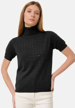 Helanca, pulover cu strasuri cu guler inalt si maneca scurta, din tricotaj fin, negru imagine