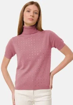 Helanca, pulover cu strasuri cu guler inalt si maneca scurta, din tricotaj fin, roz inchis imagine