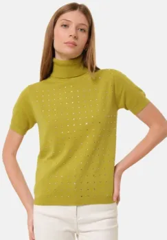 Helanca, pulover cu strasuri cu guler inalt si maneca scurta, din tricotaj fin, verde imagine