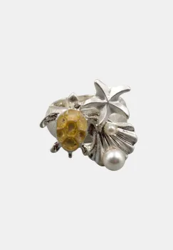 Inel dama reglabil cu motive marine si perluta, argintiu imagine