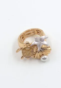 Inel dama reglabil cu motive marine si perluta, auriu imagine