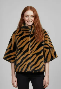 Jacheta din blana scurta animal print tigru maro negru, cu maneca 3 4, captuseala si fermoar imagine