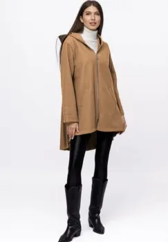 Jacheta midi cu gluga si pliseu pe spate, din stofa camel imagine