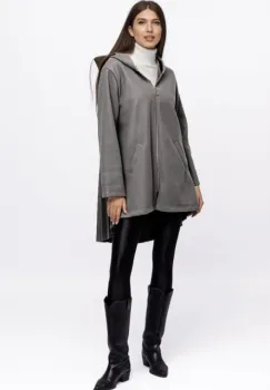 Jacheta midi cu gluga si pliseu pe spate, din stofa gri imagine