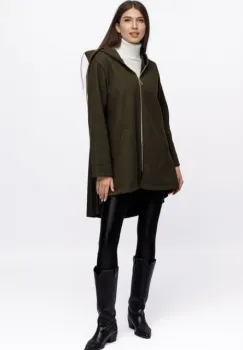 Jacheta midi cu gluga si pliseu pe spate, din stofa kaki imagine