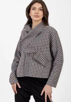 Jacheta scurta, din stofa gri cu imprimeu picior de cocos imagine