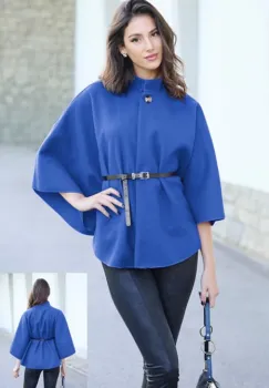 Jacheta trendy stil poncho cu curea, din stofa albastra imagine