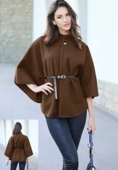 Jacheta trendy stil poncho cu curea, din stofa maro ciocolata imagine
