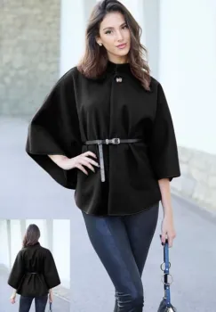 Jacheta trendy stil poncho cu curea, din stofa neagra imagine