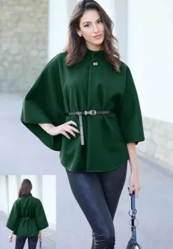 Jacheta trendy stil poncho cu curea, din stofa verde inchis imagine