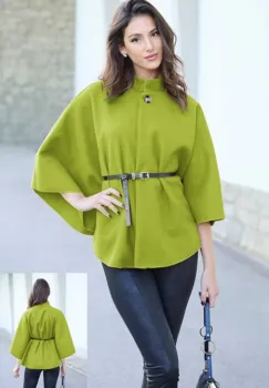 Jacheta trendy stil poncho cu curea, din stofa verde oliv imagine