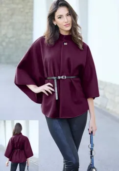 Jacheta trendy stil poncho cu curea, din stofa visinie imagine