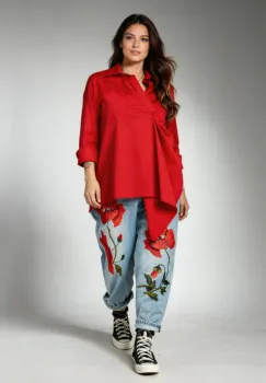 Jeans Denim Brodati cu Maci Rosii 3D ,   Piesa Statement imagine