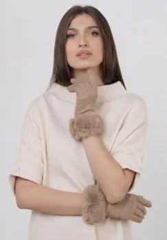 Manusi dama din material textil catifelat cu blanita naturala de iepure, bej imagine