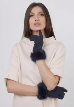 Manusi dama din material textil catifelat cu blanita naturala de iepure, bleumarin imagine