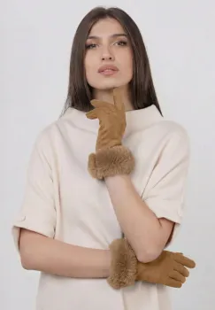 Manusi dama din material textil catifelat cu blanita naturala de iepure, camel imagine