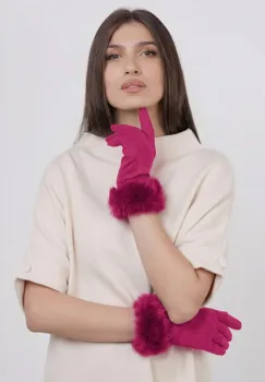 Manusi dama din material textil catifelat cu blanita naturala de iepure, fucsia imagine