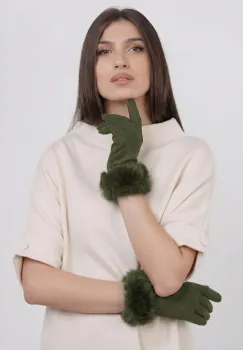 Manusi dama din material textil catifelat cu blanita naturala de iepure, kaki imagine