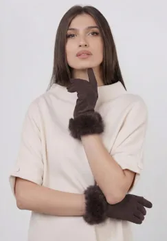 Manusi dama din material textil catifelat cu blanita naturala de iepure, maro imagine