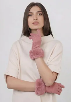 Manusi dama din material textil catifelat cu blanita naturala de iepure, roz prafuit imagine