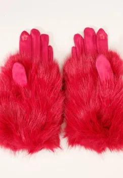 Manusi dama din material textil catifelat si suprapunere de blanita, fucsia imagine