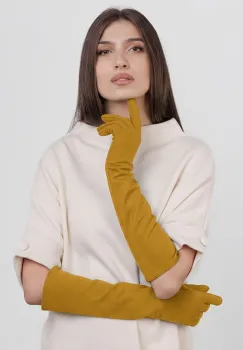 Manusi dama foarte lungi si simple din material textil catifelat galben mustar imagine