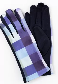 Manusi dama imprimeu patrate albastre pe fond bleumarin, material catifelat imagine